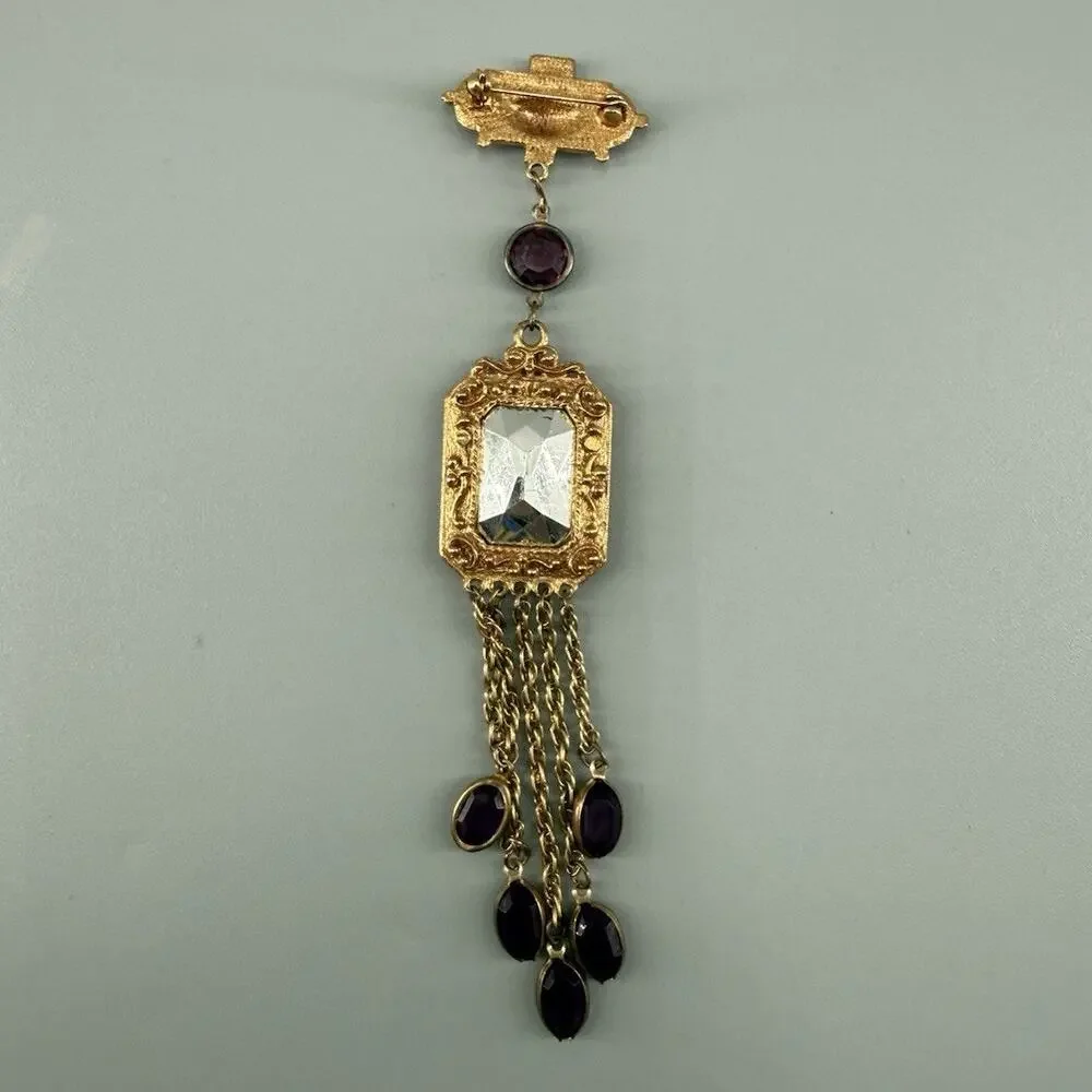 Vintage Purple Faux Gem Brooch Gold Tone Victorian Revival Purple Tassel Dangle